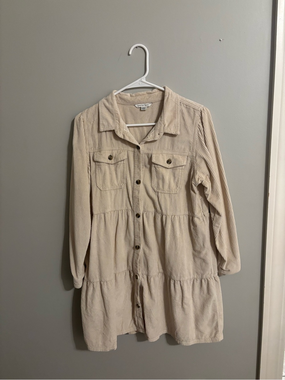 American Eagle Outfitters Cream Button-Front Tiered Mini Dress